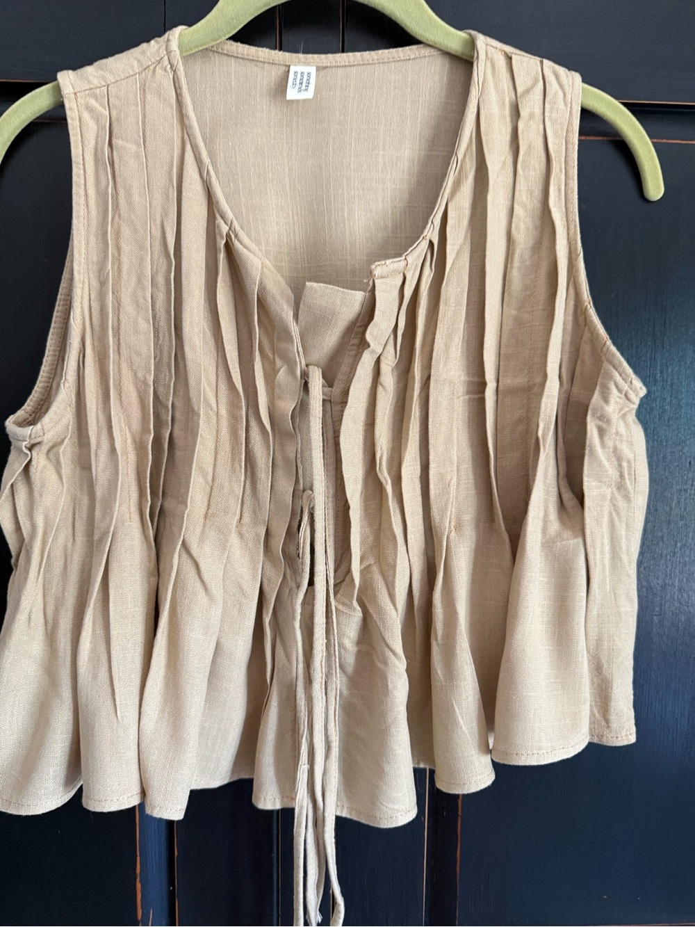 Sleeveless Pleated Tie-Front Top in Beige